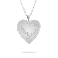 Keep her favorite memories always close to her heart with this Sterling Silver Floral Heart Locket. The genuine sterling silver locket features a delicate floral design on the front and opens to reveal a hidden favorite photo. Engrave the locket with her name, a message just for her or a date. -Size: 18" chain with 2" extender -Material: Genuine .925 Sterling Silver -Inspiration: A great gift for a birthday, anniversary, holiday or milestone moment. Sterling Silver Floral Heart Locket Necklace, Elegant Open Heart Locket Necklace With Heart Charm, Elegant Personalized Double Heart Locket Necklace, Elegant Heart Medallion Necklace For Valentine's Day, Elegant Medallion Necklace With Heart Charm, Elegant Etched Heart Pendant Jewelry, Elegant Heart Charm Necklace As Keepsake, Elegant Heart Charm Necklace For Keepsake, Elegant Medallion Heart Necklace As A Gift, Elegant Heart-shaped Keepsake Jewelry