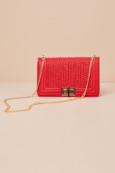 Meet up with the girls in chic style with the Lulus Let's Go Out Later Red Braided Crossbody Bag! Faux leather shapes this trendy structured crossbody bag that has braided accents and a shiny gold turn clasp with a matching chain strap. The roomy interior has a zippered side pocket and three sidewall pockets that are perfect for stashing those cards you always need handy! Lined. Bag Measures 9" Wide, 5. 5" tall, And 3" Deep (Relaxed). Adjustable 45" Shoulder Strap. Strap Has a Drop Between 12. 5 Summer Shoulder Bag With Chain Strap And Top Handle, Summer Top Handle Shoulder Bag With Chain Strap, Chic Red Flap Bag With Gold-tone Hardware, Gold Shoulder Bag With Braided Handles For Formal Occasions, Formal Gold Shoulder Bag With Braided Handles, Summer Formal Bags With Adjustable Strap, Summer Formal Bag With Adjustable Strap, Formal Summer Bags With Adjustable Strap, Formal Summer Bag With Adjustable Strap