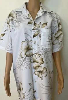 Conlept Surf-Mens, White/Beige, Tropical/Flower, 100% Polyester, Button Up, Casual Shirt. Size-L  Measures: Shoulders-19.5", Chest-42-44", Sleeve-10.5", Length-31". Condition-Excellent/New White Button-up Hawaiian Shirt For Spring, White Collared Shirt For Beach, White Collared Beach Shirt, White Camp Shirt With Button Closure And Relaxed Fit, White Relaxed Fit Camp Shirt With Button Closure, Relaxed Fit Cream Shirt With Buttons, Cream Relaxed Fit Shirt With Buttons, White Long Sleeve Hawaiian Shirt For Vacation, Long Sleeve White Hawaiian Shirt For Vacation