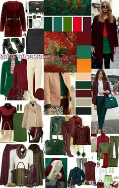 a collage of different colors and styles of women's clothing, including red, green