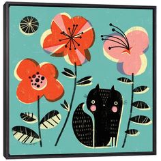 two cats sitting next to each other in front of flowers on a blue background with butterflies