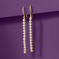 Ross-Simons - .50 ct. t. w. Diamond Linear Drop Earrings in 14kt Yellow Gold. These dazzling drop earrings will fill your day with shimmer and shine! .50 ct. t. w. round brilliant-cut diamonds glisten from the ear in a linear design in polished 14kt yellow gold. Hanging length is 2 1/8". Earwire, diamond linear drop earrings. Diamond birthstones are the perfect gift for April birthdays. Classic Yellow Gold Diamond Earrings With Sparkling Stones, Gold Linear Earrings With Prong Setting For Wedding, Yellow Gold Linear Earrings With Brilliant Cut For Wedding, Wedding Linear Earrings In Yellow Gold With Brilliant Cut, Dazzling Yellow Gold Diamond Earrings With Sparkling Stones, Gold Linear Earrings With Diamond Accents For Anniversary, Classic 14k Gold Linear Earrings With Prong Setting, Classic Yellow Gold Linear Earrings With Prong Setting, Gold Linear Anniversary Earrings With Prong Setting