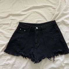 Size Large. In Great Condition. Never Worn. Black Cotton Cutoff Shorts, Edgy Black Shorts For Spring, Black Spring Season Shorts, Black High-waisted Jean Shorts For Summer, Black High-waisted Cotton Shorts, Black Jean Shorts For Summer, Black Spring Jean Shorts, Black Cotton High-waisted Shorts, Chic Black Cutoff Shorts