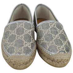 Gucci Women's Espadrilles Heritage Monogram Gg Lame Silver Color Size 37, 40 Dm43 Brand Gucci Style Espadrilles Shoes Color Silver Closure Slip On Features Silver Tone Espadrilles From Gucci. Knitted In Lurex Yarn With Label's Signature Monogram, This Pair Comes With Leather Trims And Beige Rubber Sole At The Base. This Espadrilles Run One Size Small. Shoe Sole: Gum, Shoe Heel Flat. Silver Metallic Leather Trim Cord Platform With Rubber Bottom. New With Box Material Nappa Leather, Lame Lining Ma Luxury Leather Sole Slip-on Espadrilles, Luxury Espadrilles With Rubber Sole And Round Toe, Luxury Round Toe Espadrilles With Rubber Sole, Luxury Espadrilles With Textured Sole And Round Toe, Designer Closed Toe Espadrilles With Branded Insole, Designer Flat Espadrilles With Rubber Sole, Gucci Espadrilles With Round Toe And Branded Insole, Gucci Designer Espadrilles With Round Toe, Designer Gucci Espadrilles With Round Toe