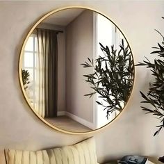 a living room with a couch and a round mirror on the wall next to a potted plant