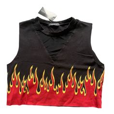 Nwt Fashion Nova Flame Crop Top Size Xs Could Also Fit A Size Small Red Tank Top For Streetwear, Black Flame Print Top For Streetwear, Casual Black Tops With Flame Print, Edgy Red Crop Top For Summer, Black Cotton V-neck Tank Top, Crop Top With Sleeves, T Shirt Knot, Shirt Knot, Striped Off Shoulder Top