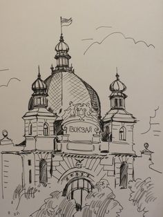 an ink drawing of a building with two towers and a flag on it's roof