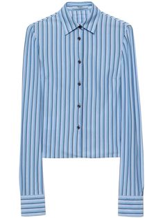 blue cotton vertical stripe pattern cutaway collar front button fastening long sleeves buttoned cuffs straight hem Chic Blue Business Tops, Blue Long Sleeve Shirt With Contrast Stripes, Blue Horizontal Stripe Long Sleeve Top, Blue Striped Long Sleeve Top, Blue Long Sleeve Top With Horizontal Stripes, Blue Long Sleeve Tops With Horizontal Stripes, Striped Long Sleeve Shirt With Button Cuffs, Chic Blue Business Shirt, Blue Long Sleeve Blouse For Business