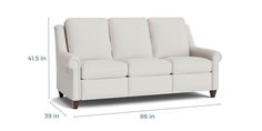 a white couch with measurements for the seat and back end, including the armrests