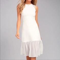 Brand New And Perfect For Wedding Celebrations And Formal Occasions! Sleeveless Summer Dress For Bridal Shower, Sleeveless Summer Bridal Shower Dress, Elegant Sleeveless Dress For Bridal Shower, White Sleeveless Dress For Spring Wedding, White Sleeveless Midi Dress For Bridesmaids, White Sleeveless Knee-length Dress For Brunch, White Sleeveless Dress For Wedding Guest, Elegant White Sleeveless Dress For Garden Party, White Sleeveless Knee-length Dress For Garden Party