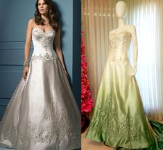 two dresses on mannequins, one in white and the other in green