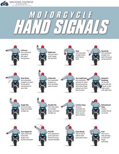 a poster with instructions on how to use the motorcycle hand signals for safety and protection