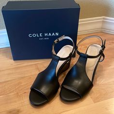 Cole Haan Leather Open Toe Wedge Size 7b Nwt- Never Worn New In Box Approx 3.5” Heel As Shown Any Questions, Just Ask! Black Wedge Sandals For Workwear In Spring, Elegant Black Wedge Sandals For Work, Elegant Synthetic Wedge Sandals For Work, Formal Wedge Sandals Medium Width, Cole Haan Shoes, Cole Haan, Open Toe, Wedges, Size 7