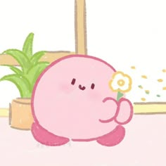 a pink cartoon character holding a flower in front of a potted plant and window