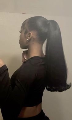 Ponytail Inspo For Black Women, 2 Ponytails Hairstyles For Black Women, Weave Slick Back Ponytail, Blackgirl Ponytail Ideas, Two Weave Ponytail Hairstyles, Slicked Ponytail Black Women, Black Weave Ponytail Hairstyles, Inside Ponytail Weave, Natural Ponytail Black Women