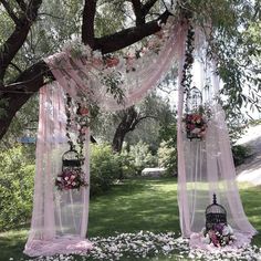 an outdoor wedding setup with flowers and birdcages hanging from the trees, surrounded by white petals