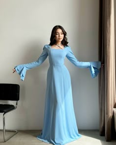 Bodycon Dress Full Sleeves, One Piece Dress Aesthetic, Blue Long Dress Casual, Hijab Kondangan, Aesthetic Hijab, Modest Dresses Fashion, Simple Frocks, Girls Dress Outfits