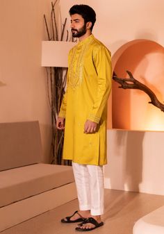 Mustard Yellow Silk Kurta Set Shreyansh - Fabilicious Fashion Semi-stitched Raw Silk Kurta With Dabka Work, Transitional Silk Kurta With Dabka Detailing, Designer Silk Straight Kurta, Designer Silk Kurta With Mirror Work, Raw Silk Kurta With Mirror Work For Festivals, Raw Silk Straight Kurta With Dabka, Festival Kurta With Mirror Work In Raw Silk, Silk Straight Kurta With Dabka Details, Silk Straight Kurta With Dabka