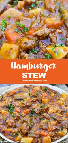 hamburger stew in a white bowl with carrots and parsley on the side, next to an orange sign that says hamburger stew