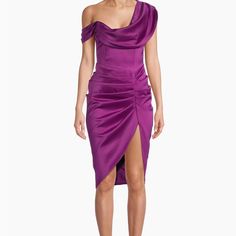 Lavish Alice's Satin Cocktail Dress Flaunts A Draped One-Shoulder Neckline And Ruching Throughout. One-Shoulder Neckline Sleeveless Back Zip 100% Polyester Dry Clean Imported Size & Fit About 41.75" From Shoulder To Hem Pre-draped Off-shoulder Midi Dress For Cocktail, Draped Purple Evening Dresses, Purple Draped Evening Dress, Purple Off-shoulder Midi Dress For Evening, Pre-draped Sheath Midi Party Dress, Purple Off-shoulder Cocktail Dress, Lavish Alice Dress, Strapless Sheath Dress, Pink Strapless Dress