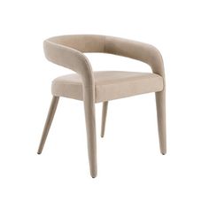 an upholstered beige chair with wooden legs