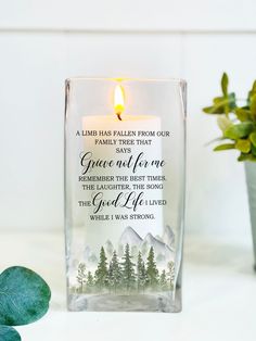 a candle that is sitting on top of a table next to a potted plant