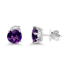 14K White Gold Amethyst Solitaire Earrings Luxury Purple Sterling Silver Earrings, Luxury Purple Earrings For Anniversary, Purple Fine Jewelry Earrings For Formal Occasions, Formal Purple Round Earrings, Classic Round Amethyst Earrings, Luxury Silver Amethyst Earrings, Elegant Purple Earrings With Prong Setting, Luxury Birthstone Earrings For Formal Occasions, Luxury Formal Earrings With Birthstone