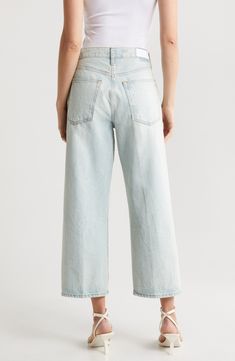 Made with a vintage-inspired baggy fit, these nonstretch jeans feature a light wash with an intriguing watery effect created during the wash process. 26" inseam; 18" leg opening; 12" front rise; 15" back rise (size 29) Button fly Five-pocket style 100% organic cotton Machine wash, tumble dry Made in Turkey Washed Rigid Denim Cropped Jeans, Summer Cropped Jeans With Frayed Hem In Rigid Denim, Summer Light Wash Relaxed Fit Cropped Jeans, Summer Washed Blue Rigid Denim Flare Jeans, Faded Cropped Jeans With Five Pockets, Summer Cropped Tapered Leg Light Wash Jeans, Light Wash Cropped Jeans With Straight Hem For Spring, Summer Washed Tapered Leg Jeans, Summer Faded Flare Jeans With Five Pockets