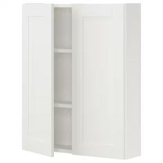 a white cabinet with two doors and shelves