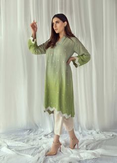 Green Ombre Kurta – Purple Haze Design Studio Long Sleeve Cotton Dress With Dabka Work, Fitted Cotton Lawn Suit With Long Sleeves, Cotton Silk Kurta With Embroidered Sleeves, Summer Cotton Silk Lawn Suit With Chikankari Embroidery, Designer Cotton Lawn Suit For Summer, Long Sleeve Cotton Silk Kurta With Embroidered Sleeves, Cotton Dresses With Mirror Work, Spring Cotton Lawn Suit With Long Sleeves, Cotton Long Sleeve Dress With Mirror Work