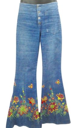 "These absolutely brilliant, genuine ,1960S, embroidered bell bottom jeans of hippiest fabulousness. XSSW They have a high waist. There is a cinch belt and buckle at the back of the jeans at waist level. The reverse side of the cinch belt is a little frayed, but is not really noticeable when done up...could be neatened by hand or some fabric facings could be added...but not really necessary. Fitted through to flares. Button up fly...PLEASE note: the second button from the bottom is different...see pics...priced accordingly  Patch pocket to left front. There are areas of fading...and a faded crease down front of legs...someone's mum liked to iron their pants with a crease...see pics Gorgeous, gorgeous hand embroidery...see pics...PLEASE note:the embroidery on the back of the left leg is unf Bohemian Blue Wide Leg Flare Jeans, Blue Bohemian Wide Leg Flare Jeans, Bohemian Blue Wide-leg Flare Jeans, Bohemian Wide Leg Flare Jeans For Spring, Spring Bohemian Wide Leg Flare Jeans, Hippie Flare Jeans For Spring Festival, Bohemian Flare Cotton Jeans, Bohemian Flare Denim Jeans, Blue Embroidered Wide Leg Flare Jeans