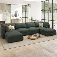 a living room with a large sectional couch