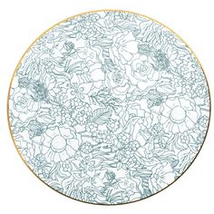 a white and gold plate with blue flowers on the bottom, in front of a white background