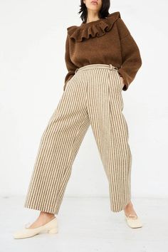 Portuguese Striped Wool Georgia Trouser in Ecru and Brown | Cawley • Oroboro Store • Luxury Boutique • New York, NY Spring Wide Leg Pants With Vertical Stripes For Work, Chic Beige Wool Pants, Fall Pinstripe Wide Leg Bottoms, Striped Wide-leg Pants For Fall, Chic Vertical Stripes Pants For Fall, Striped Wide-leg Pants For Work, Fall Straight Leg Pants With Vertical Stripes, Tailored Striped Bottoms For Work, Straight Leg Pants With Vertical Stripes For Fall