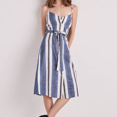 -Blue Striped Button Down Dress From Lucky Brand -Size :Xl -New With Tag -Never Worn -String Includes Striped Sundress Midi Dress For Daywear, Striped Button-up Midi Dress For Summer, Casual Blue Dress With Tie Fastening, Casual Blue Dresses With Tie Fastening, Blue Dress With Tie Fastening For Day Out, Blue Daywear Dress With Tie Fastening, Blue Tie Fastening Dress For Daywear, Blue Tie Fastening Dresses For Daywear, Blue Dresses With Tie Fastening For Daywear