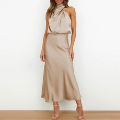 New Chic Draped Halter Satin Midi Dress * Sleeveless * Draped Halter High Neck * Slight Blouson Style Top * High Waist * Slight Flare Bottom Midi Skirt *Approximate Unstretched Measurements* Xs (2) * Bust 34.25" * Waist 22.25"(Up To 26") * Hip 37" * Length 47.25" Small (4) * Bust 35.75" * Waist 24"(Up To 27.5") * Hip 38.5" * Length 48" Medium (6) * Bust 37.25" * Waist 25.5"(Up To 29") * Hip 40.25" * Length 48.75" Large (8/10) * Bust 39.75" * Waist 28"(Up To 31.5") * Hip 42.5" * Length 49.5" Xl ( Sleeveless Outfit, Elegant Maxi Dress, Sleeveless Long Dress, Satin Bridesmaid Dresses, فستان سهرة, Woman Weaving, Maxi Robes, Hip Dress, Women Long Dresses