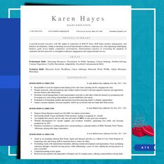 a professional resume template with blue and red accents on the cover, in front of a blue