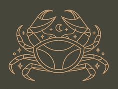 a brown crab with stars and crescents on it's back, against a black background