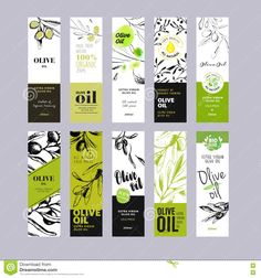 an assortment of vertical banners with olives and leaves on them, all in different colors