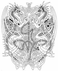 an intricate design in black and white, with two dragon heads on each side of the image