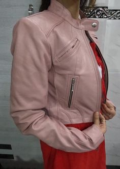 Casual Pink Leather Jacket For Fall, Pink Biker Outerwear With Zipper Closure, Pink Leather Jacket For Winter, Pink Leather Jacket With Zipper For Fall, Pink Leather Jacket With Zipper Closure For Fall, Pink Leather Jacket With Zipper Closure And Long Sleeves, Pink Biker Style Long Sleeve Outerwear, Pink Biker Outerwear With Long Sleeves, Casual Pink Biker Jacket For Fall