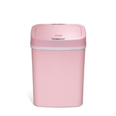 a pink trash can on a white background