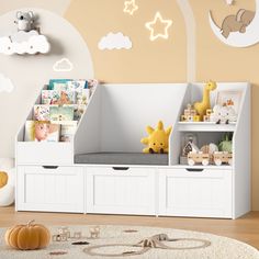 a child's room with toys and books on the shelves in front of it