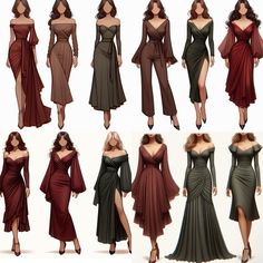 a bunch of different dresses that are in various positions and sizes, all with long sleeves