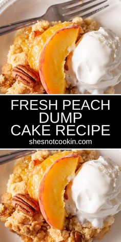 Peach dump cake with vanilla ice cream on a white plate. Fresh Peach Dump Cake, Peach Cobbler Recipe With Cake Mix, Cake Mix Peach Cobbler, Peach Desserts Easy, Peach Cobbler Cake, Peach Cake Recipes, Yellow Cake Mix Recipes, Peach Cobbler Dump Cake