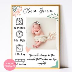 a baby's birth announcement is displayed in front of a white background and gold frame