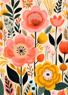 an illustration of flowers and leaves in pink, yellow, orange and green colors on a white background