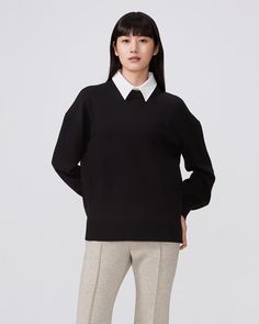 BLACK OMOTESANDO SWEATER – ADEAM Knitting Materials, Shirt Collar, Layered Look, Nun Dress, Oversized Fits, Black Sweaters, Crew Neck Sweater, Collar, Crew Neck