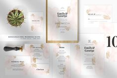 the wedding stationery is laid out on top of each other, with gold accents