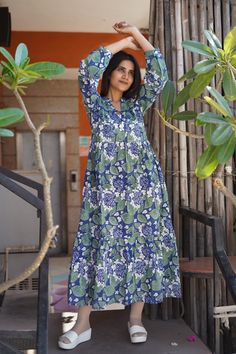 Hand Block Printed Dress, Block Print Dress, Indian Tunics, Hand Printed Dress, Indian Cotton Long Gown, Indian Cotton Dress, Printed Dress Handblock Print Dress, Block Print Dress Indian, Long Gown Indian, Indian Cotton Dress, Gown Indian, Block Print Dress, Autumn Dresses, Cotton Voile Dress, Indian Tunic